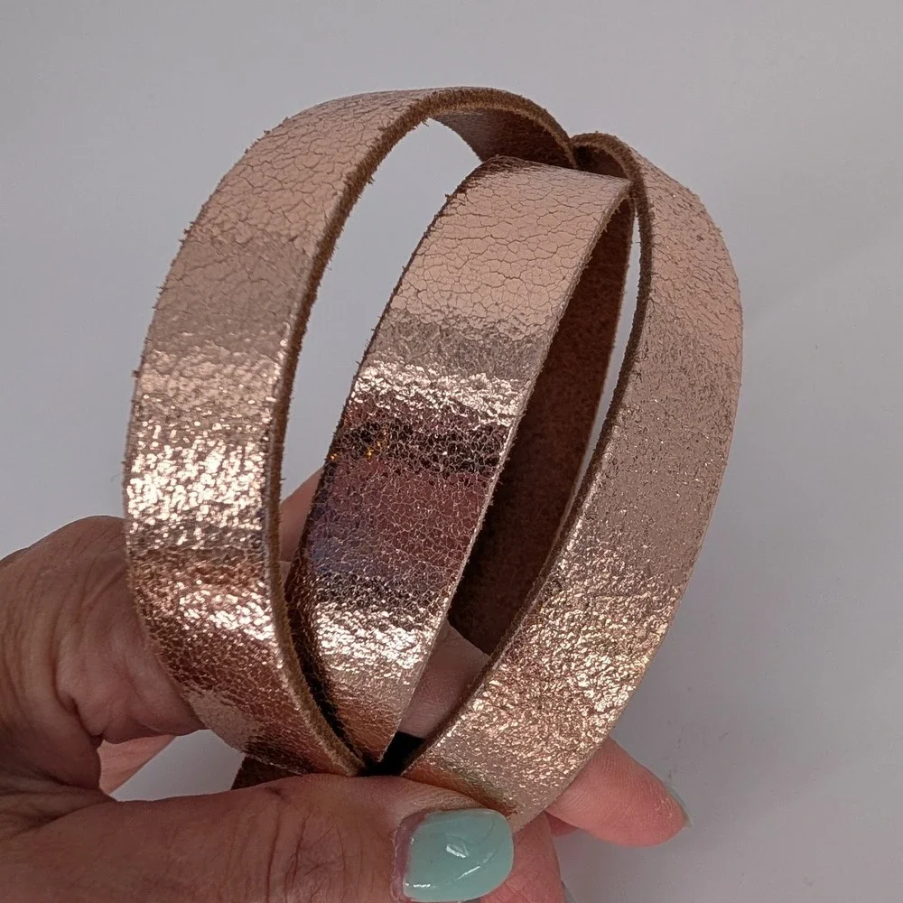 Amsterdam Heritage Skinny Leather Belt Womens Rose Gold Metallic Slide Buckle